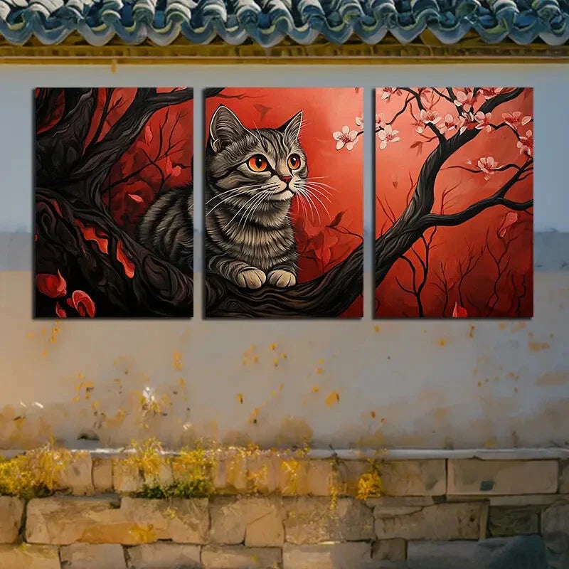 3pcs Charming Cat on Cherry Tree Metal Print Ready to Hang Art