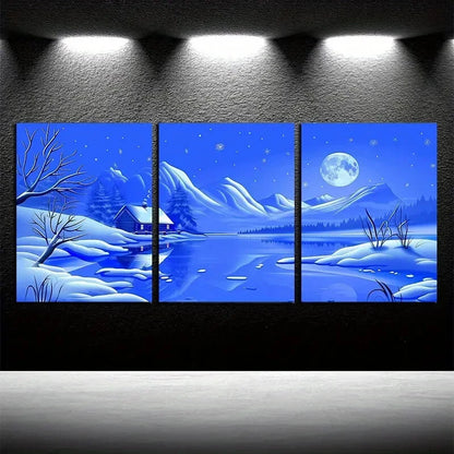3pcs Rustic Winter Night Scene with Moon Metal Print Ready to Hang Art