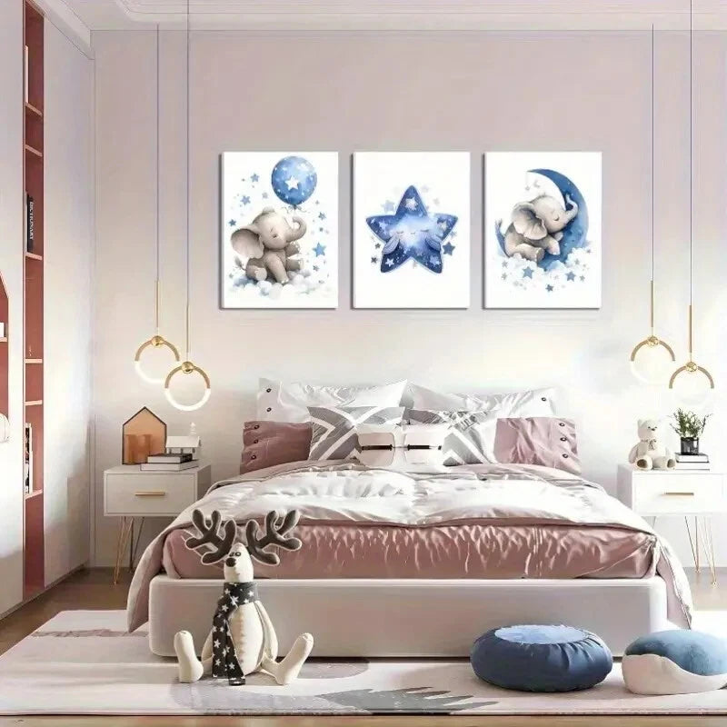 3pcs Blue Elephant Moon & Stars Cute Animal Metal Print Ready to Hang Art