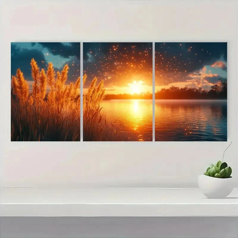 3pcs Golden Sunset Teal Sky & Silhouetted Grass Metal Print Ready to Hang Art