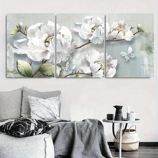 3pcs White Peony & Butterfly Botanical Metal Print Ready to Hang Art
