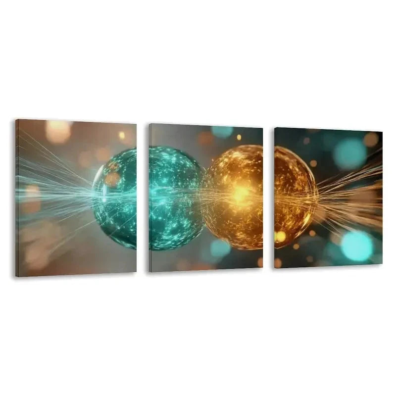 3pcs Abstract Two Spheres with Light Golden  Wall Art Set Canvas Framed 60x90cm - High Quality Print 100% Australian Made Wall Canvas Ready to Hang