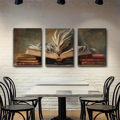 3pcs Wise Dragon Reading Books Mystical Perfect Wall Art Set Canvas Framed 40x60cm - High Quality Print 100% Australian Made Wall Canvas Ready to Hang