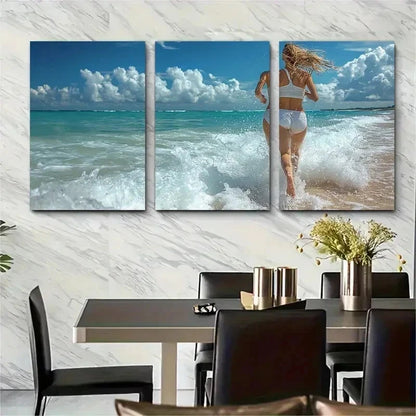 3pcs Woman Running on Sandy Beach I Wall Art Set Canvas Framed 60x90cm - High Quality Print 100% Australian Made Wall Canvas Ready to Hang