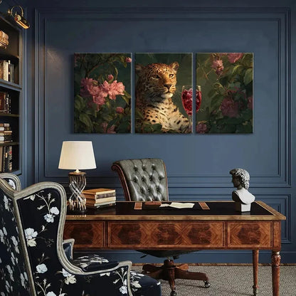 3pcs Leopard with Wine Glass Floral Surroundings Metal Print Ready to Hang Art
