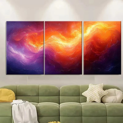 3pcs Abstract Swirling Orange and Purple Flowing Metal Print Ready to Hang Art