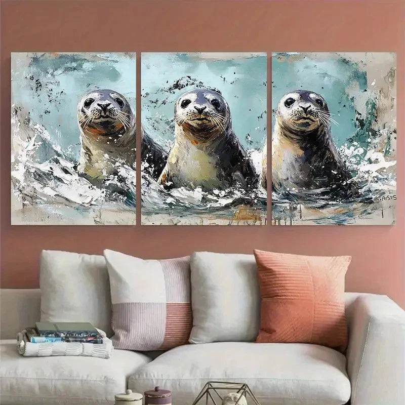 3pcs Seal Painting Sea Animal Illustration Wall Art Set Canvas Framed 60x90cm - High Quality Print 100% Australian Made Wall Canvas Ready to Hang