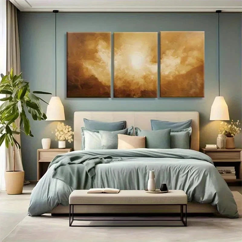 3pcs Glamorous Golden Sunlight Abstract Metal Print Ready to Hang Art