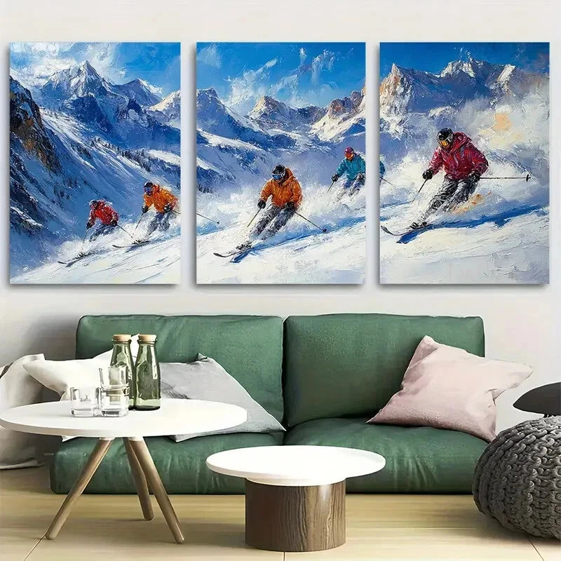 3pcs Skiers on Snowy Mountain Design Metal Print Ready to Hang Art