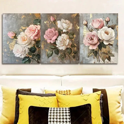 3pcs Pink and White Roses Wall Art Set Canvas Unframed - High Quality Print 100% Australian Made Wall Canvas - Bella Home Decor