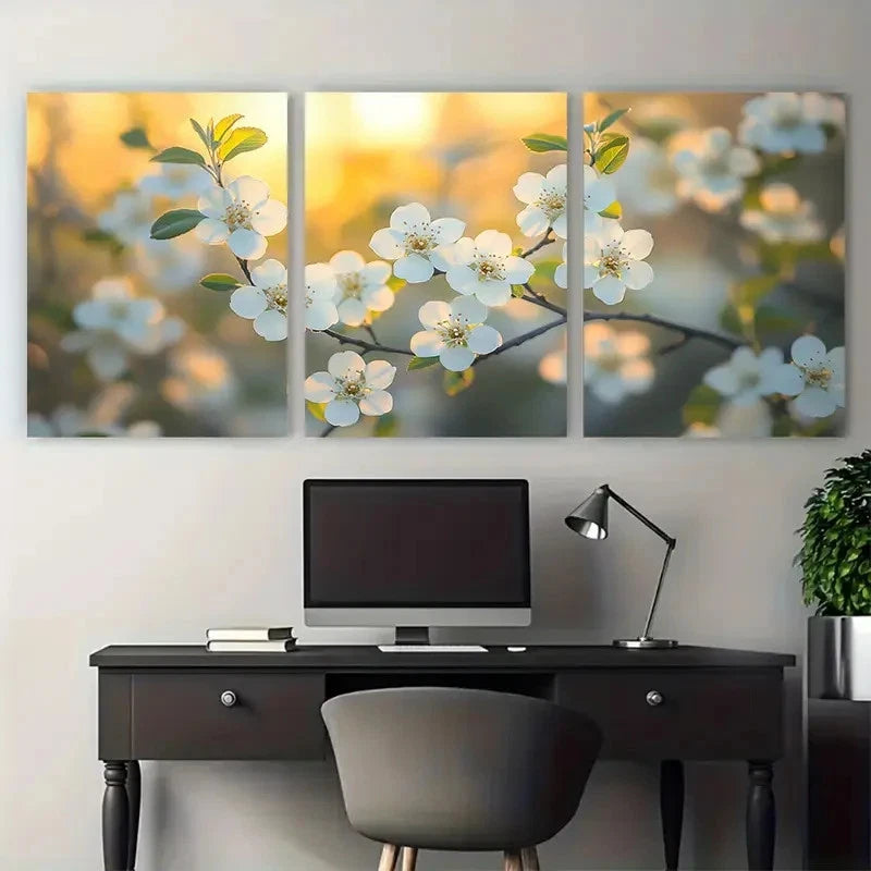 3pcs Midland Hawthorn Tree Delicate White Flowers Metal Print Ready to Hang Art