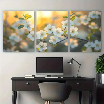 3pcs Midland Hawthorn Tree Delicate White Flowers Metal Print Ready to Hang Art