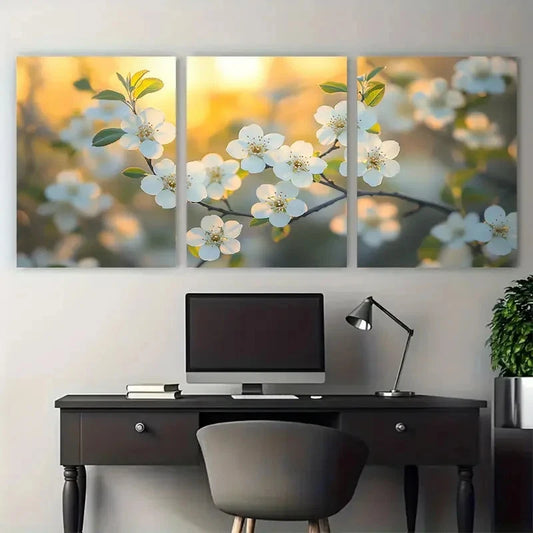 3pcs Midland Hawthorn Tree Delicate White Flowers Metal Print Ready to Hang Art