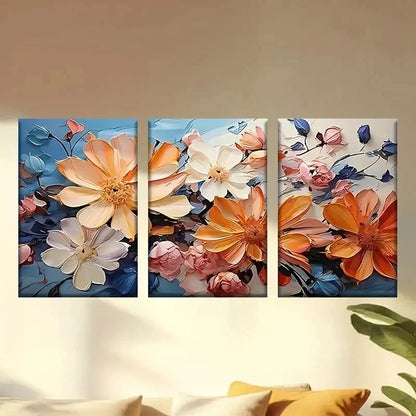 3pcs  painting of flowers on a blue background Wall Art Set Canvas Framed 40x60cm - High Quality Print 100% Australian Made Wall Canvas Ready to Hang