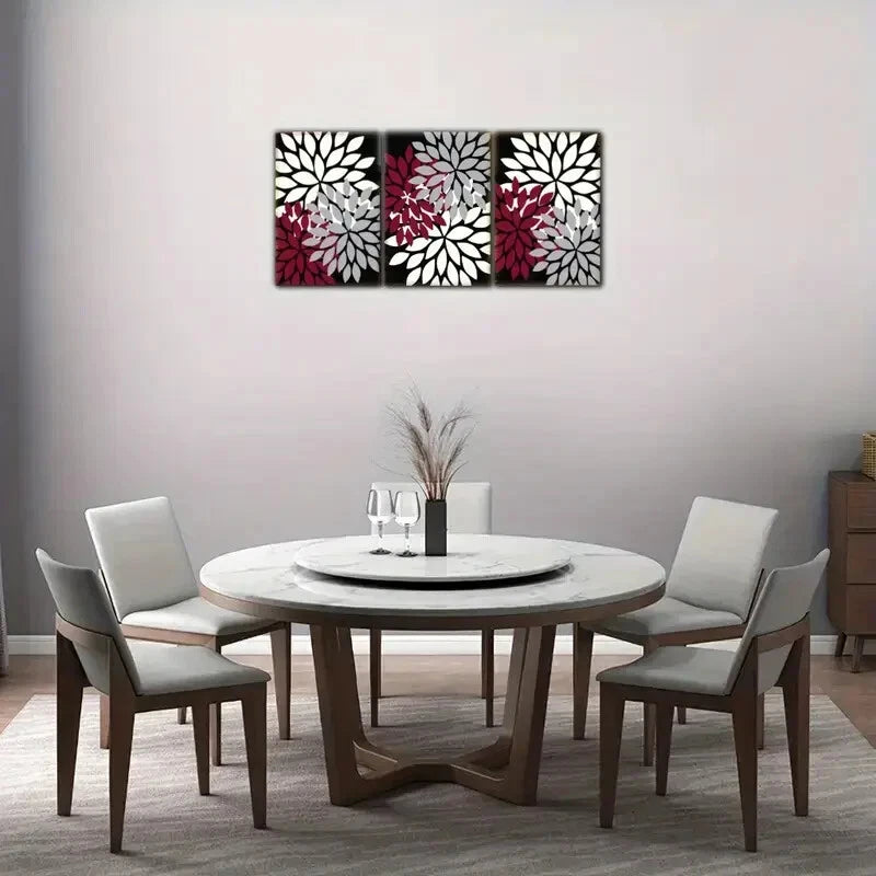 3pcs Farmhouse Blooming Burgundy & White Flowers Metal Print Ready to Hang Art