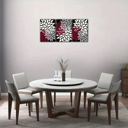 3pcs Farmhouse Blooming Burgundy & White Flowers Metal Print Ready to Hang Art