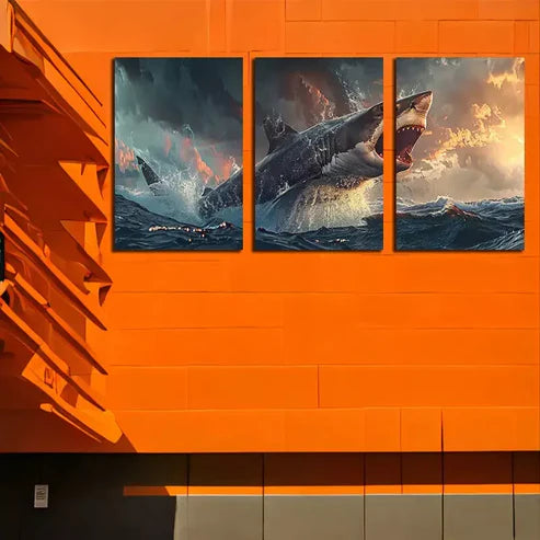 3pcs Large Shark Swimming Over An Ocean Canvas Framed 60x90cm - High Quality Print 100% Australian Made Wall Canvas Ready to Hang