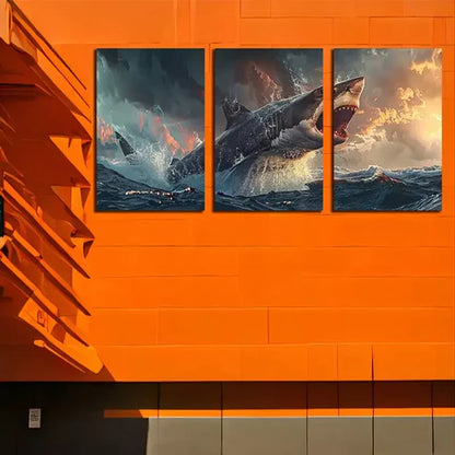 3pcs Large Shark Swimming Over An Ocean Canvas Framed 60x90cm - High Quality Print 100% Australian Made Wall Canvas Ready to Hang