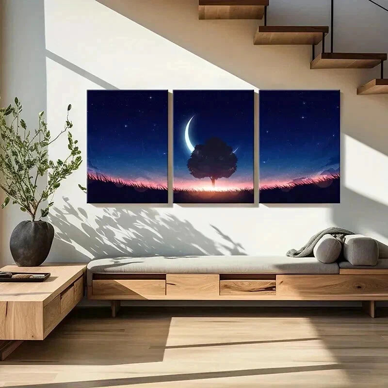 3pcs Moon Trees Grassland Fantasy Wall Art Set Canvas Framed 40x60cm - High Quality Print 100% Australian Made Wall Canvas Ready to Hang