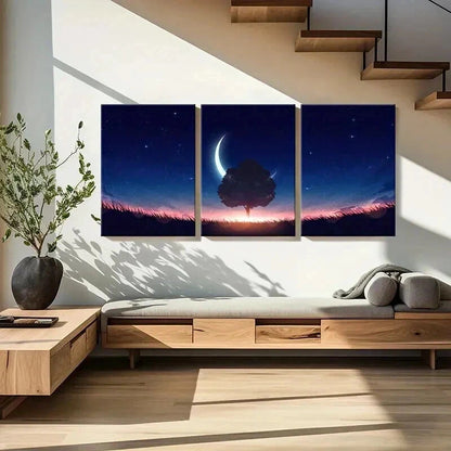 3pcs Moon Trees Grassland Fantasy Wall Art Set Canvas Framed 40x60cm - High Quality Print 100% Australian Made Wall Canvas Ready to Hang