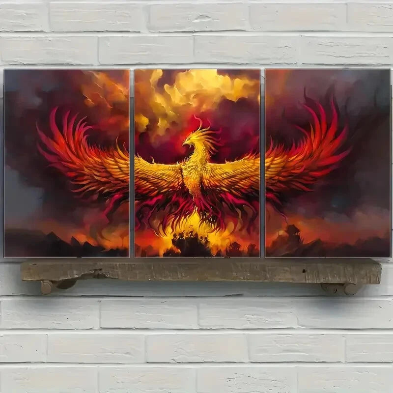 3pcs Mythical Creature Phoenix Ferocious Metal Print Ready to Hang Art