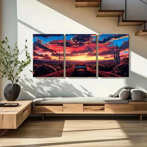 3pcs Sunset Strip & Sports Car Modern Wall Art Set Canvas Unframed - High Quality Print 100% Australian Made Wall Canvas