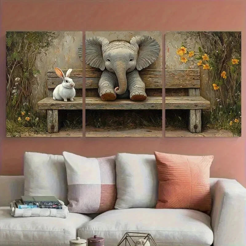 3pcs Whimsical Elephant and Rabbit Bench Metal Print Ready to Hang Art