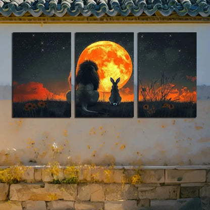 3pcs Vibrant Silhouette of Lions and Rabbit Metal Print Ready to Hang Art