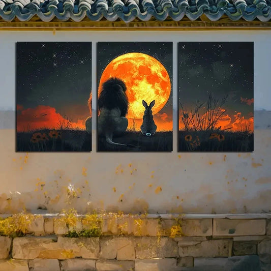 3pcs Vibrant Silhouette of Lions and Rabbit Metal Print Ready to Hang Art