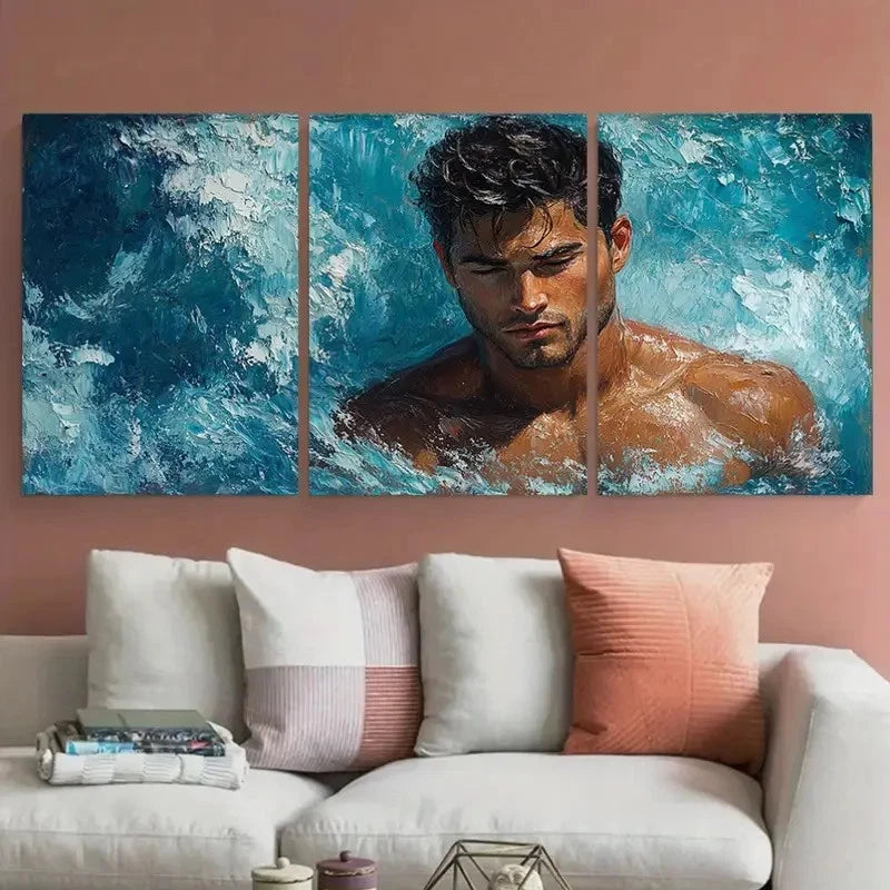 3pcs Mermaid Male Body Men in water Illustration Metal Print Ready to Hang Art