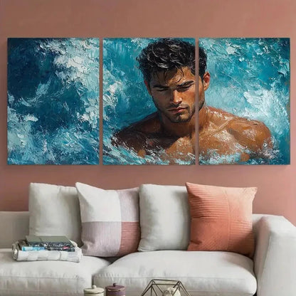 3pcs Mermaid Male Body Men in water Illustration Metal Print Ready to Hang Art