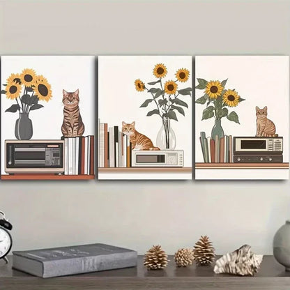 3pcs Cat Is Sitting On The Table Wall Art Canvas Unframed - High Quality Print 100% Australian Made Wall Canvas