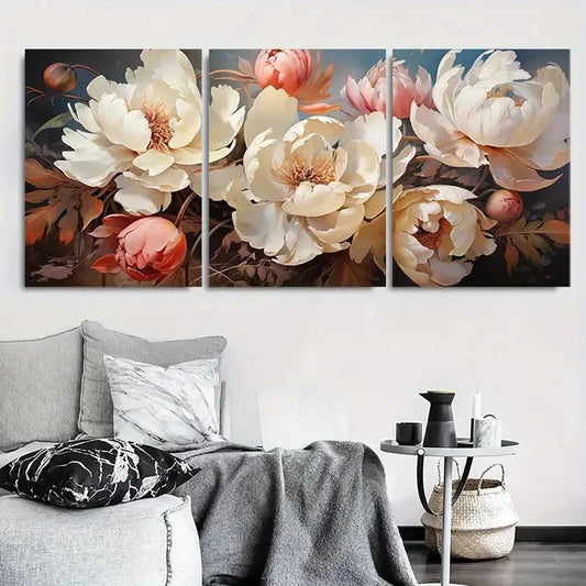 3pcs Elegant White Peony Bouquet Wall Art Set Canvas Framed 40x60cm - High Quality Print 100% Australian Made Wall Canvas Ready to Hang