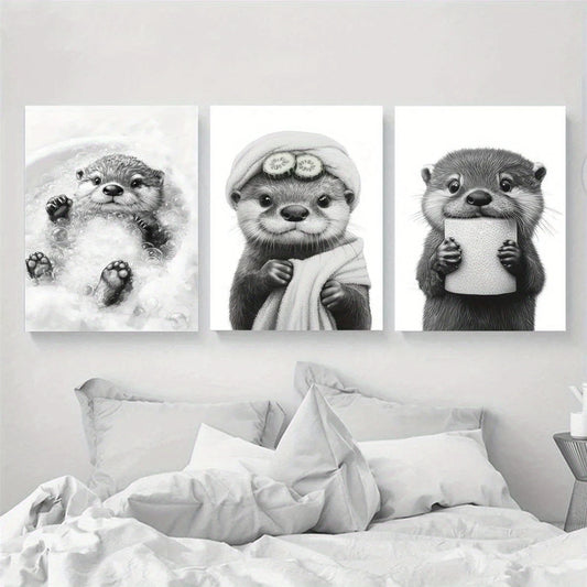 3pcs Black and White Cartoon Adorable Metal Print Ready to Hang Art