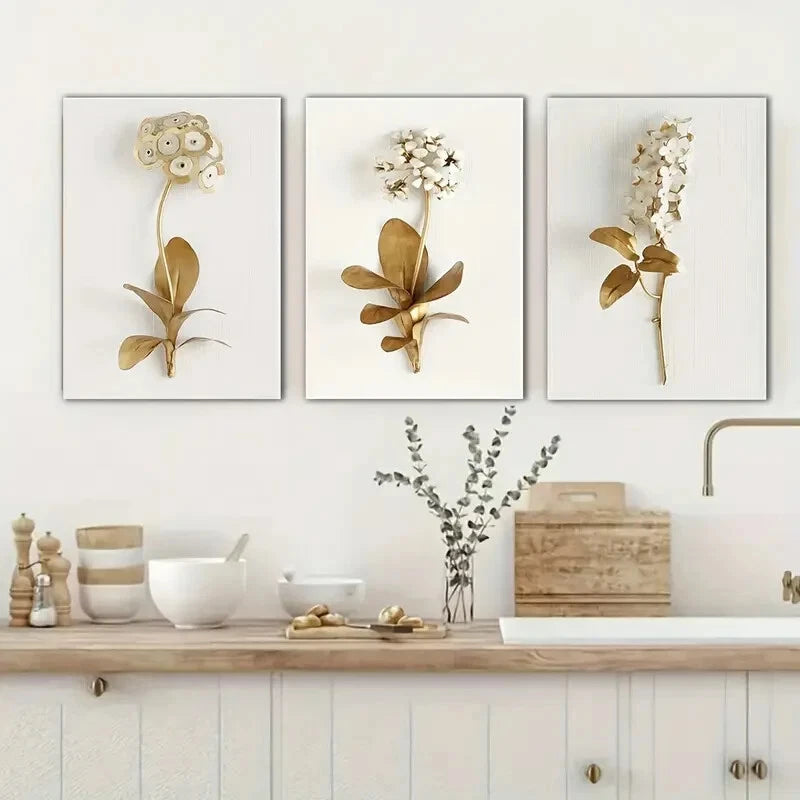 3pcs Stylish Simple White and Golden Perfect Wall Art Set Canvas Framed 40x60cm - High Quality Print 100% Australian Made Wall Canvas Ready to Hang