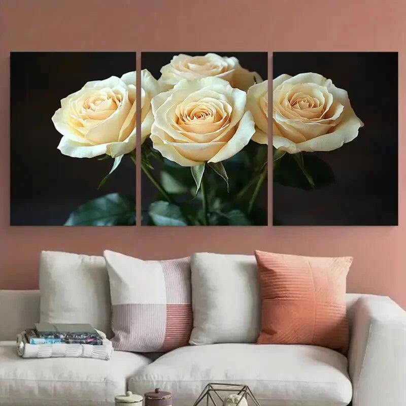 3pcs White Rose Bouquet in Black Background Metal Print Ready to Hang Art