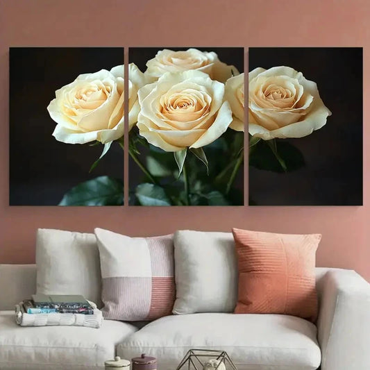 3pcs White Rose Bouquet in Black Background Metal Print Ready to Hang Art