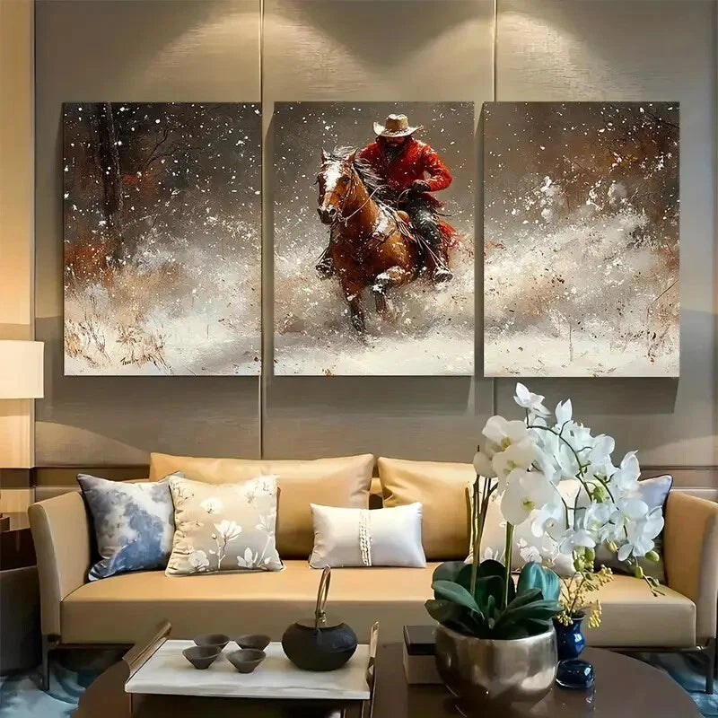 3pcs Rider In The Snow Wild West Winter Metal Print Ready to Hang Art