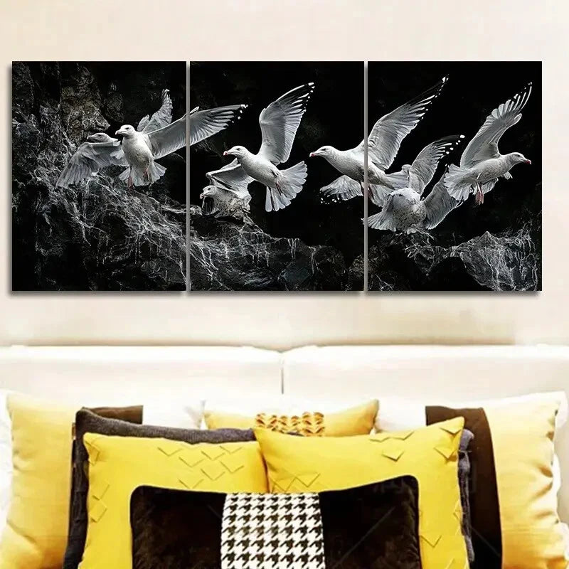 3pcs Seagulls Flying Birds Black & White Metal Print Ready to Hang Art