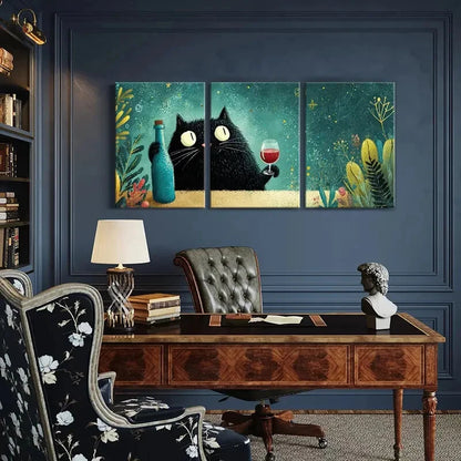 3pcs Artistic Cat Holding Wine Bottle Metal Print Ready to Hang Art