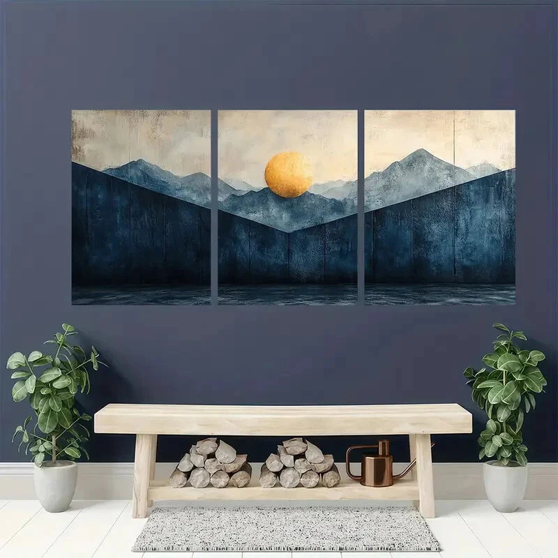 3pcs Abstract Mountain and Sun Blue Pastel Design Metal Print Ready to Hang Art