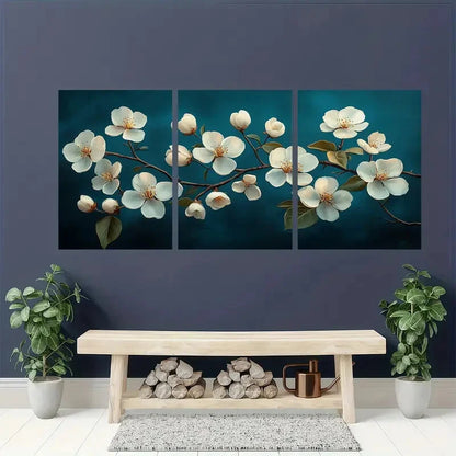 3pcs Elegant White Blossoms on Dark Background Metal Print Ready to Hang Art