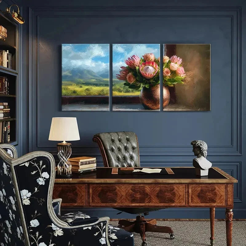 3pcs Floral Bouquet Landscape View Copper Vase Metal Print Ready to Hang Art