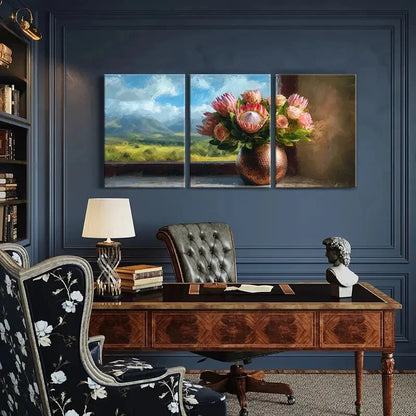 3pcs Floral Bouquet Landscape View Copper Vase Metal Print Ready to Hang Art