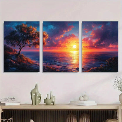 3pcs Sunset Clouds Pink Themed Beach Scenery Metal Print Ready to Hang Art