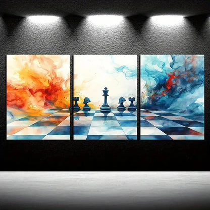 3pcs Chess Pieces and Colorful Smoke Design Metal Print Ready to Hang Art