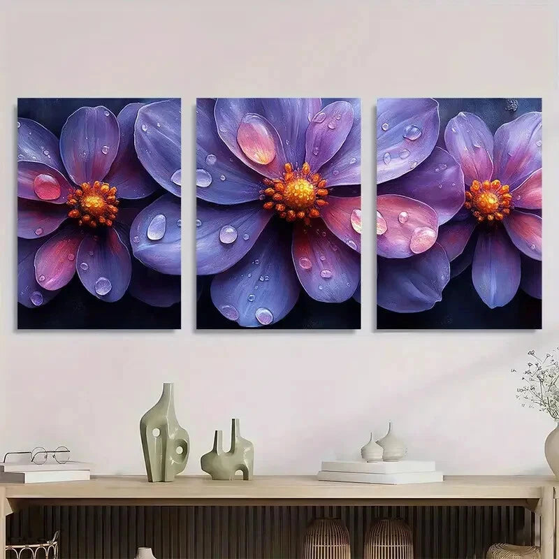 3pcs Elegant Botanical Print with Water Droplets Metal Print Ready to Hang Art