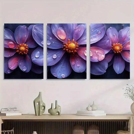 3pcs Elegant Botanical Print with Water Droplets Metal Print Ready to Hang Art