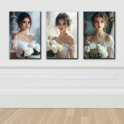 3pcs Elegant Girl with Bouquet Wall Art Set Canvas Framed 60x90cm - High Quality Print 100% Australian Made Wall Canvas Ready to Hang