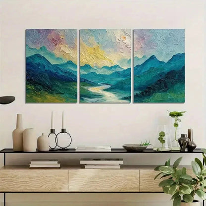 3pcs Mountain and River Landscape Painting Metal Print Ready to Hang Art